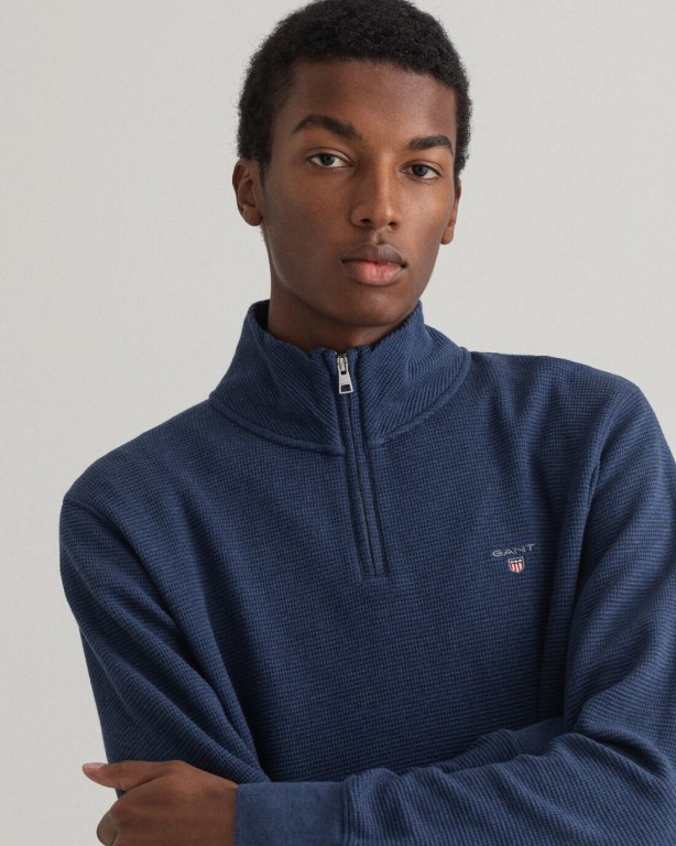 Gant Waffle Half-Zip Men's Sweatshirts Dark Blue | 18IgeWTW0gf