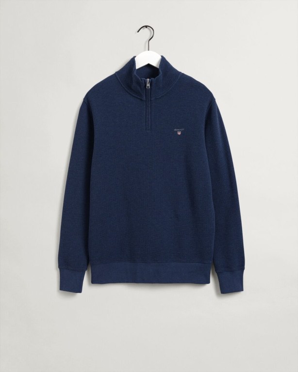 Gant Waffle Half-Zip Men's Sweatshirts Dark Blue | 18IgeWTW0gf