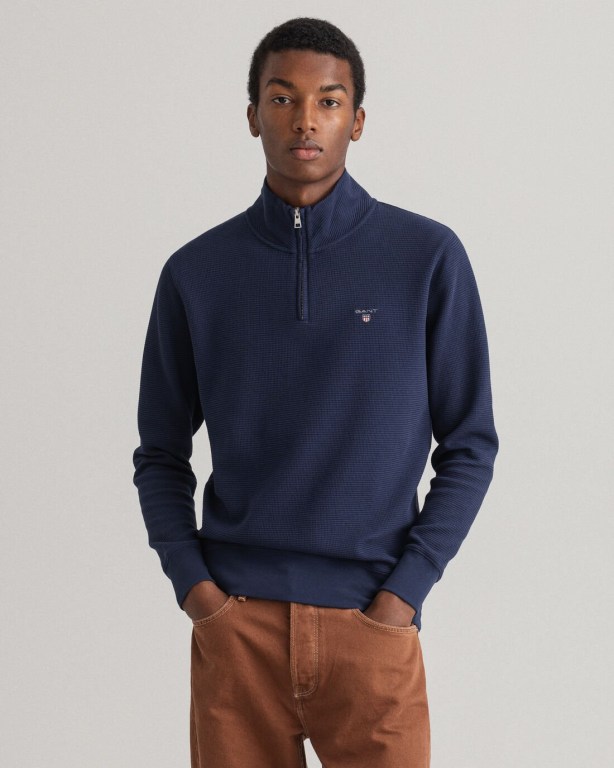 Gant Waffle Men\'s Half Zip Sweatshirts Blue | K7JMcVAoKFZ