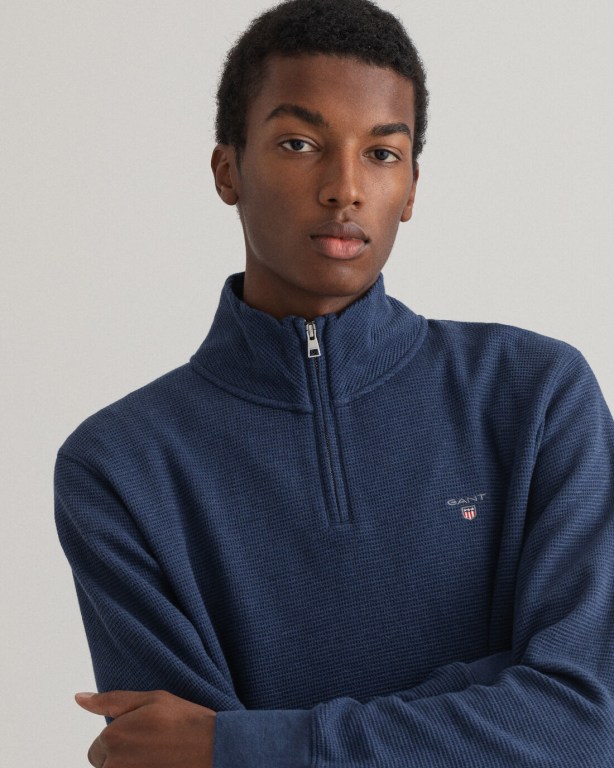 Gant Waffle Men's Half Zip Sweatshirts Dark Blue | bx0ADDuWUIj