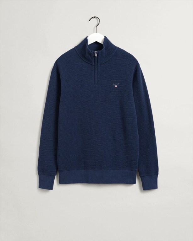 Gant Waffle Men's Half Zip Sweatshirts Dark Blue | bx0ADDuWUIj