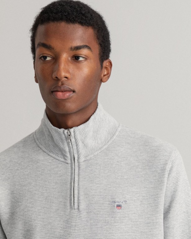 Gant Waffle Men's Half Zip Sweatshirts Light Grey | w5GqICar8xN